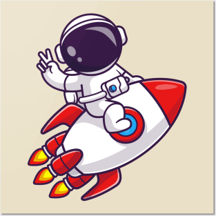 Cute Astronaut Riding Rocket With Peace Hand In Space  Cartoon Posters and Art